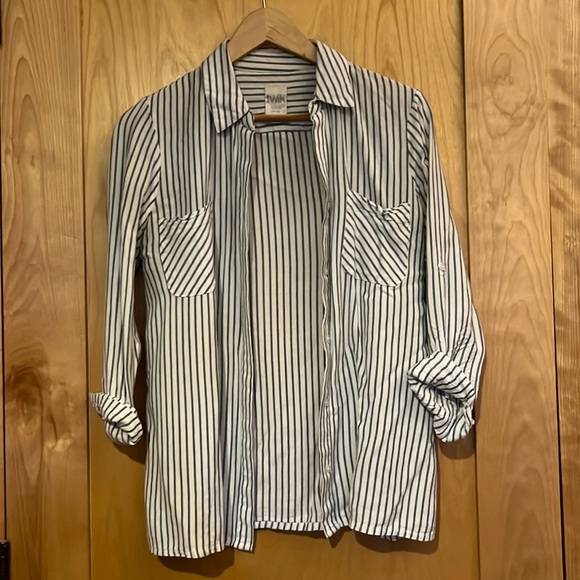 Simons Striped Blouse Blue White Sz Small - Picture 1 of 5
